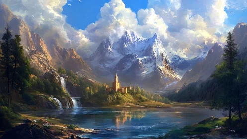 Mountain lake castle under towering luminous clouds.