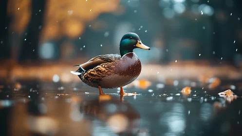 Male mallard duck in shallow autumn pond with snowfall