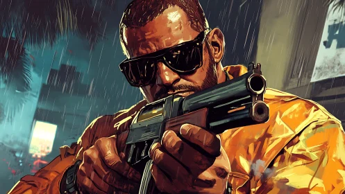 Storm‑slick streets frame a neon‑lit gunman in close focus