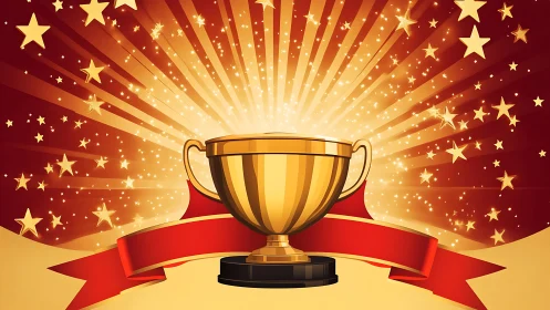 Golden trophy cup centered on radial starburst with red ribbon