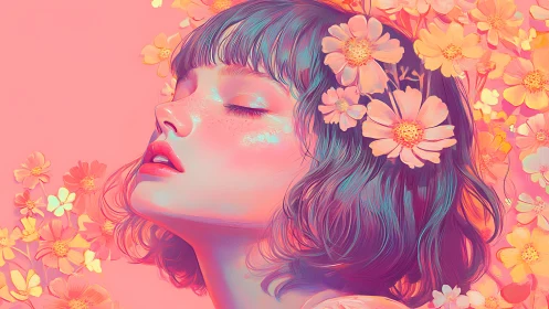 Female profile illustration with floral elements on pink field.