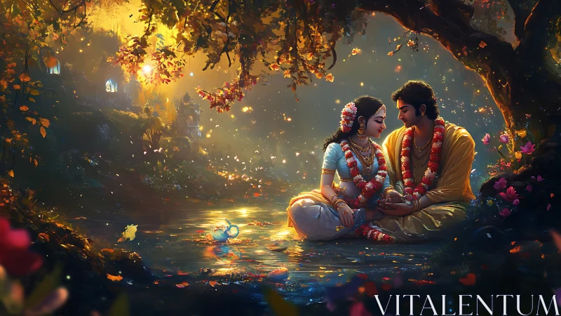 Romantic couple by river under glowing forest canopy.