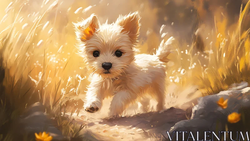 Playful terrier puppy in glowing golden meadow light.