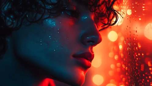 Neon drenched portrait beside rain streaked glass at night.