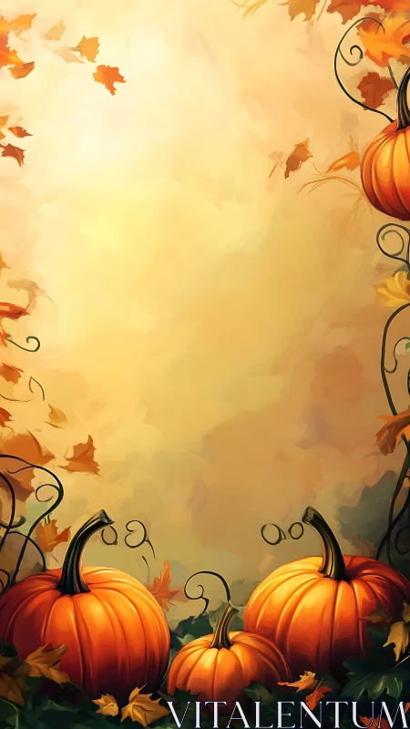Pumpkins and autumn foliage against soft gradient backdrop.