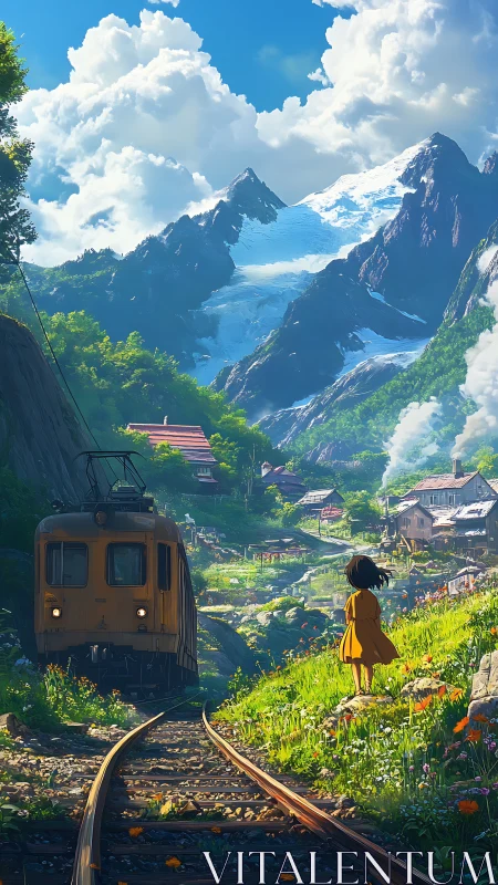 Girl watches mountain train enter lush alpine village valley