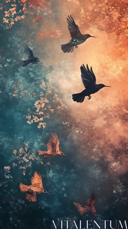Bird silhouettes cross glowing teal and amber sky gradient