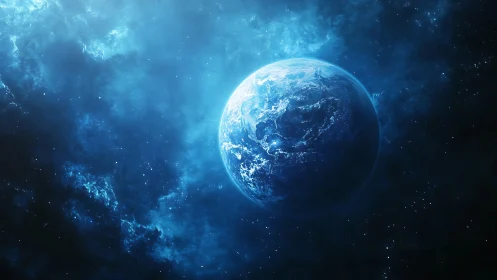 Planet Earth is depicted in blue monochrome space environment