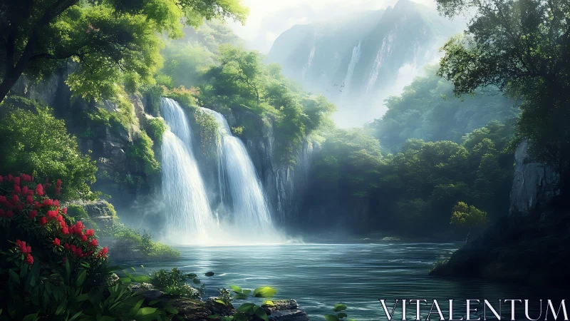 Lush forest waterfall valley with misty distant peaks.