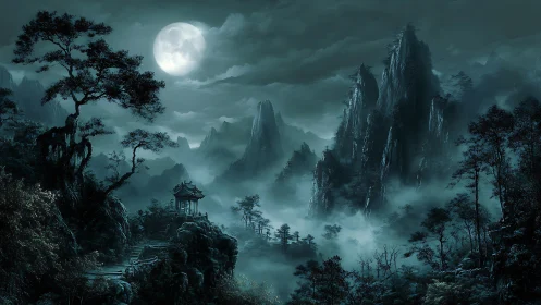 Moonlit mountain landscape with mist and distant pavilion.
