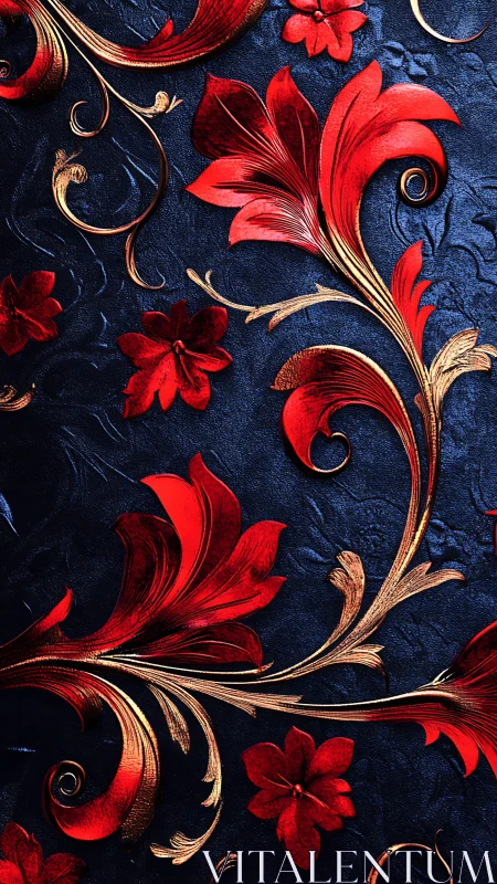 Crimson florals curling over midnight embossed canvas.