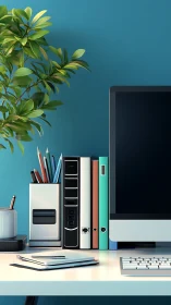 Ergonomic desktop workflow with binders, monitor and foliage.