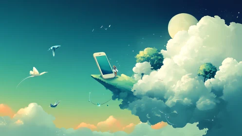 Mobile horizon interface suspended on atmospheric cloud shelf.