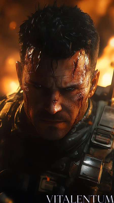 Battle-hardened sci-fi soldier in molten cinematic lighting.