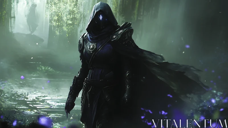 Hooded void knight strides through a misty enchanted forest