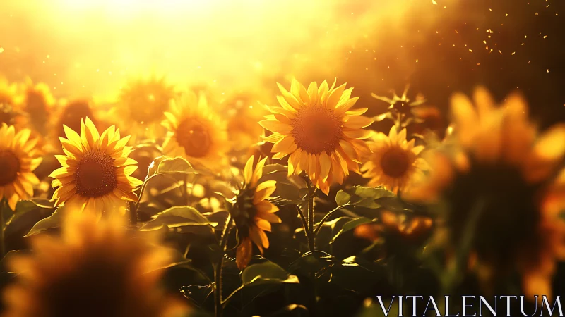 Sunflower field under strong backlit golden sunlight.