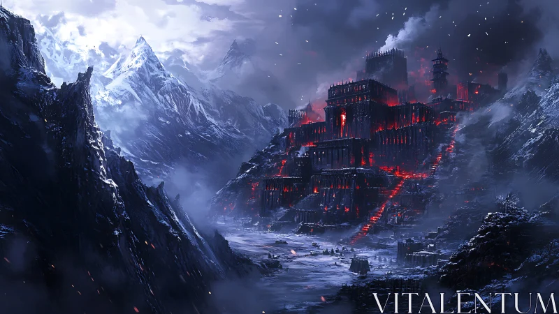 Frozen ember citadel brooding in storm-torn mountain gloom.