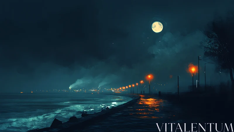 Moody moonlit coastline with glowing orange streetlights.