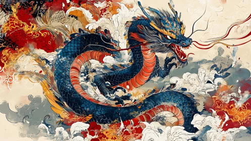 Fiery sky dragon coils through swirling clouds in bold color