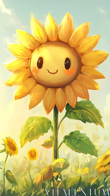 Anthropomorphic sunflower with stylized facial topology in sunlight.