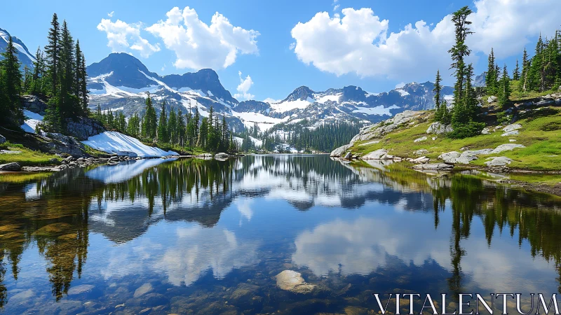 Mountain lake reflects snow peaks under bright summer sky