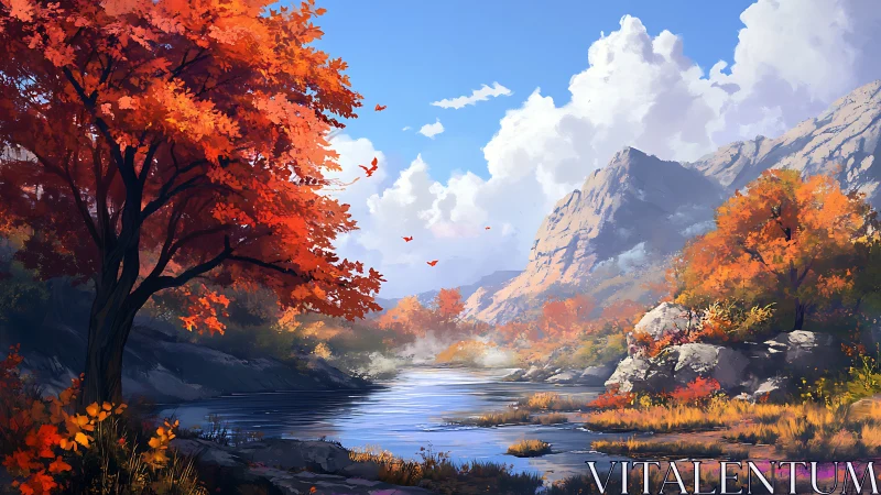 Autumn river valley with red trees and distant mountains.