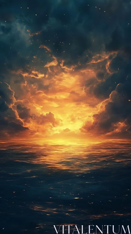 Ocean horizon ignites under dramatic storm-lit sunset clouds.