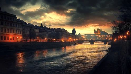 Riverside cityscape shows illuminated buildings at dusk