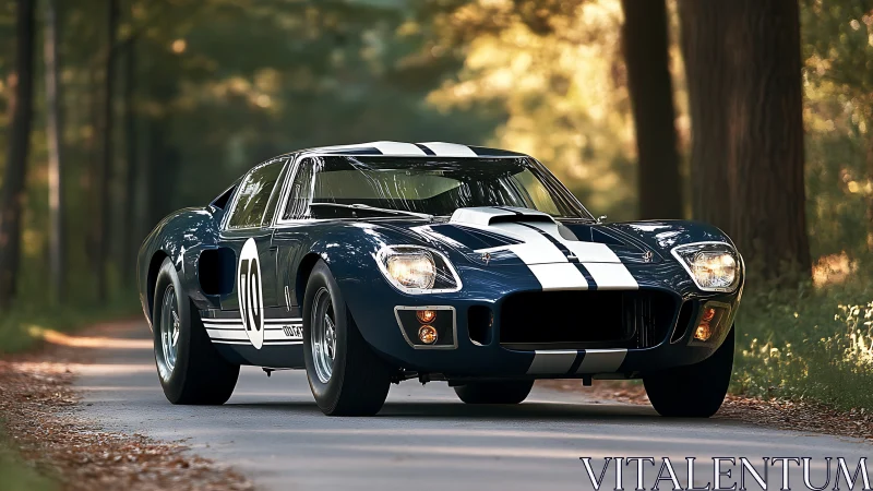 Vintage race car cruising through a sunlit forest lane.
