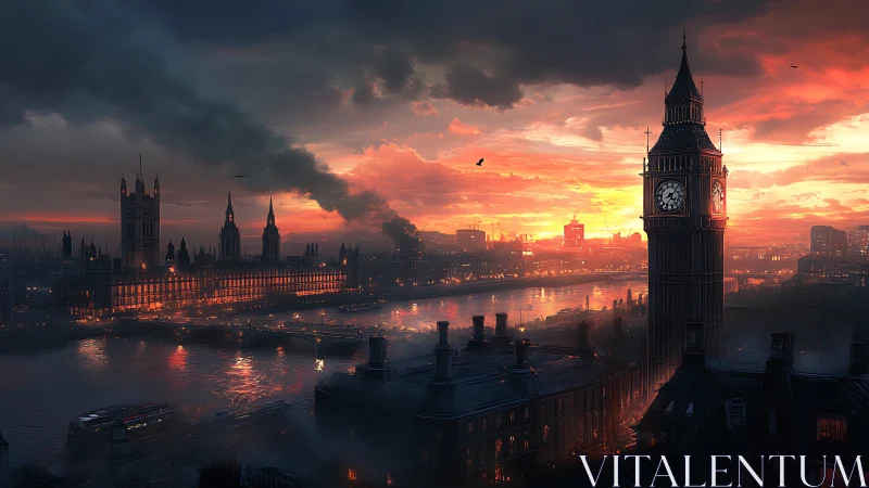 Sunset smoke over London’s riverfront and clocktower skyline.