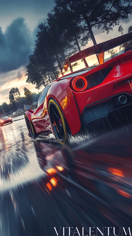 Digital racing hypercar in cinematic wet-track perspective.