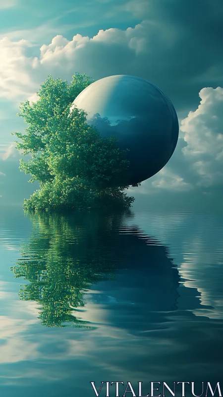 Spherical moonlet quietly moors itself to a drifting tree isle