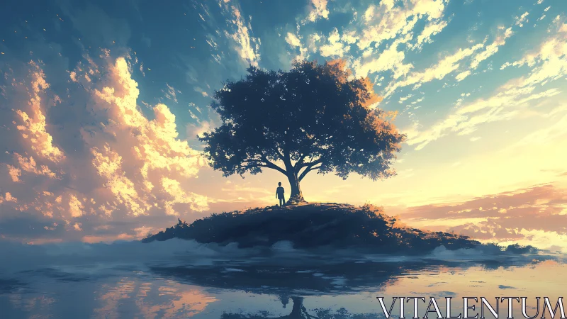 Solitary figure beneath twilight tree on misty islet.