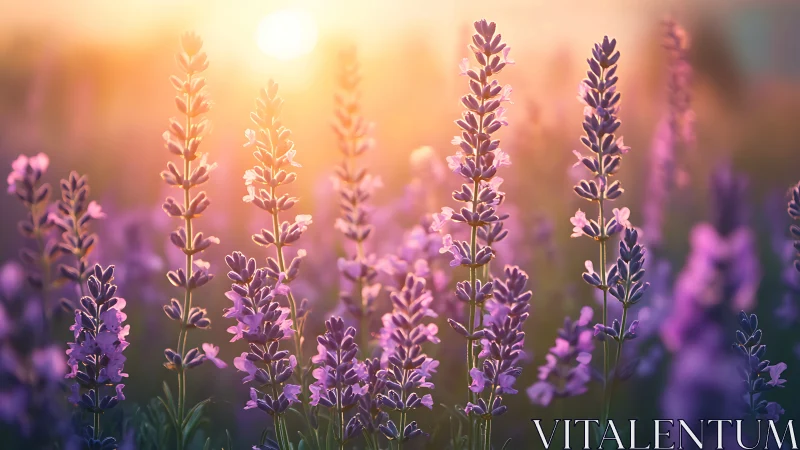 Purple Lupine Field Bathed Golden Hour Sunlight.