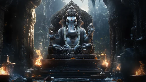 Ganesha stone statue in ornate jungle temple interior setting.