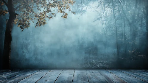 Misty Forest Meets Wooden Platform in Ethereal Autumn Scene.