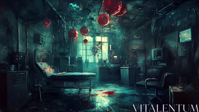 Decrepit surgical lab with suspended red bio-spheres and blood traces