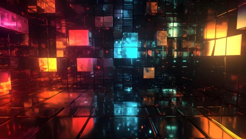 Futuristic Digital Cubes Room with Neon Red, Orange, and Blue Glow.