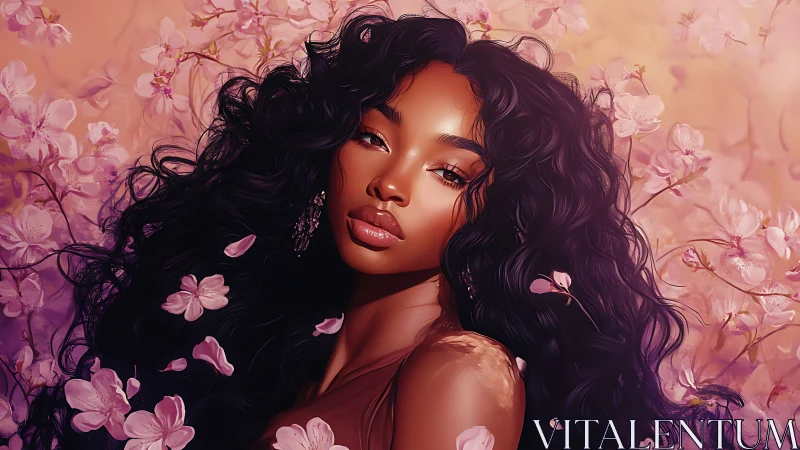 Woman with long dark curls lies among pink blossom petals