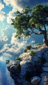 Lone tree stands on sunlit cliff above calm water.