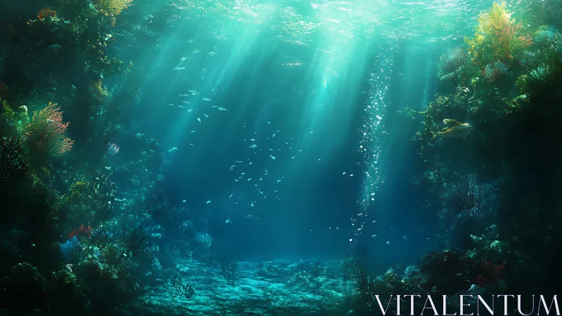 Sunlit underwater reef scene shows coral walls and fish