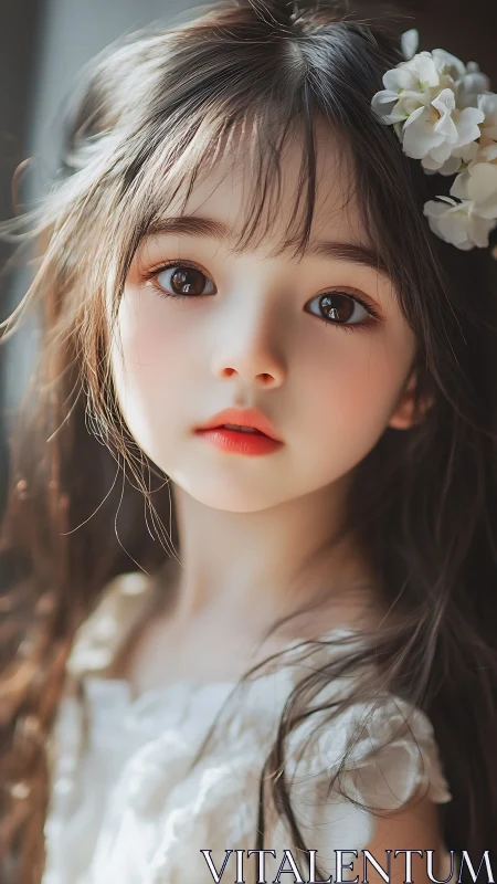 Young woman with bangs wearing white dress, white flower hair accessory