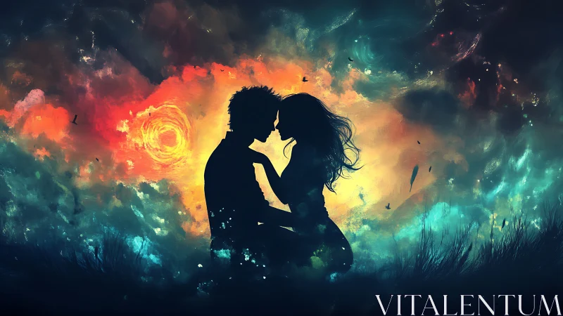 Silhouetted Couple Embracing Within Luminous Dual-Tone Nebular Atmosphere With Spectral Color Gradie