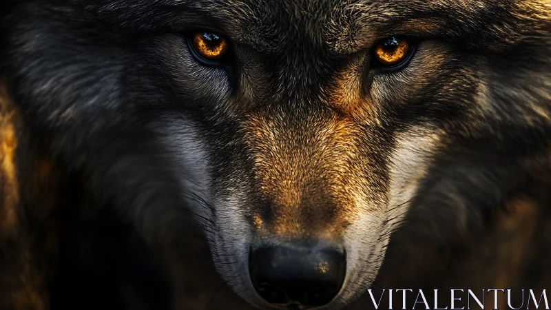 Wolf eyes burn through shadow with molten amber intensity.