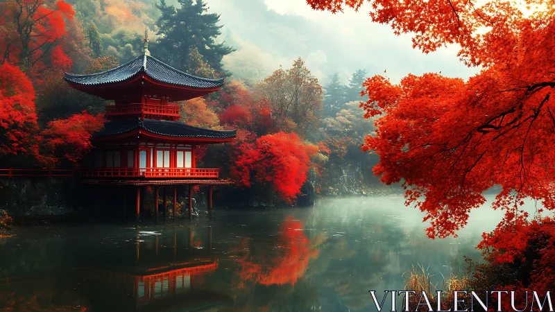Tranquil lakeside temple wrapped in glowing autumn color.