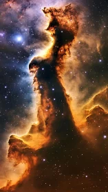 Towering interstellar nebula pillar with glowing starfield.