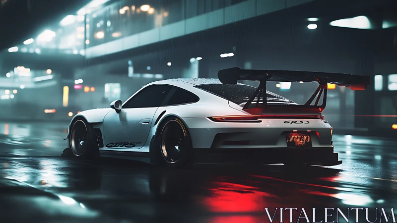 White GT race car under neon rain on wet city street.