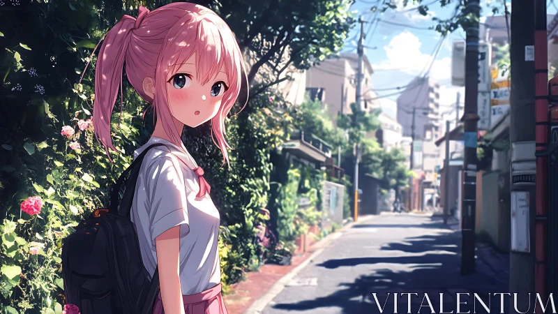 Pink haired student stands in shaded residential alleyway