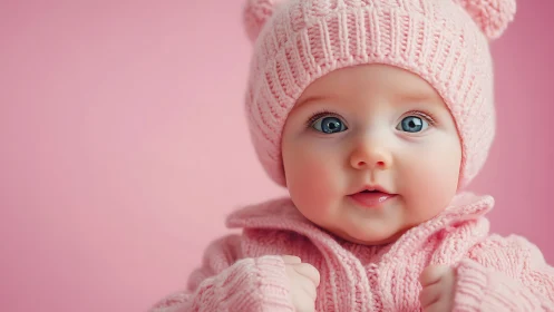Infant Portrait with Knitted Pink Accessories on Monochromatic Background.