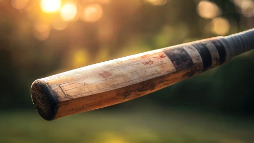 Weathered wooden bat end shown in shallow depth of field